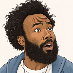 Caricature of Donald Glover aka Childish Gambino, sporting a large, curly beard, shock face