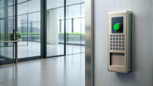 Finger print scan access control system machine on wall near entrance door office