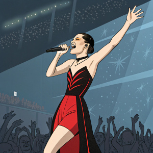 Jessie J, performing on stage at the MTV Europe Music Awards. Wearing a black and red dress, energetic pose. Crowd in the background
