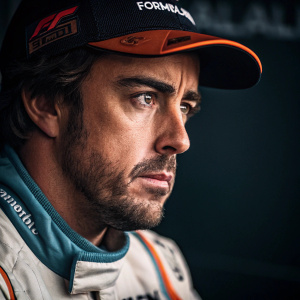 Close-up photo of Fernando Alonso, with intense gaze. Wearing racing gear. Dark background with blurred Formula One branding