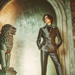 Timothée Chalamet at the Venice Film Festival. Sleek black suit, bow tie. Golden statue backdrop.