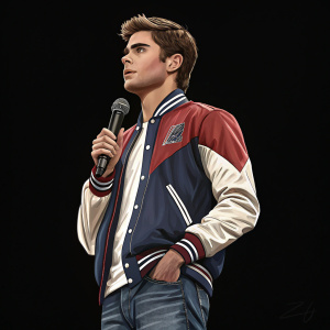 Zac Efron at a press conference. Sport jacket and jeans. Black background with sharp focus on his confident expression.