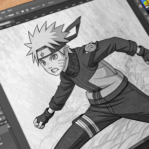 Digital sketch of Naruto's son, Boruto, in action pose. Grayscale, textured, displayed on Adobe Photoshop interface with various editing tools visible.