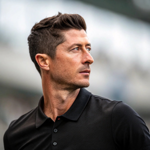 Robert Lewandowski, Polish footballer, in a close-up portrait. He's wearing a black polo shirt. Background is blurred, focus on his face and upper body.