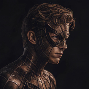 Tom Holland as a hybrid human-Spiderman character. Digital illustration. Realistic human face, Spiderman mask, intricate web-patterns