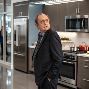 Bob Newhart, in character as Dr. Robert Hartley, stands in a bustling modern kitchen. He wears a dark suit and has a curious expression. The background features sleek, contemporary appliances.