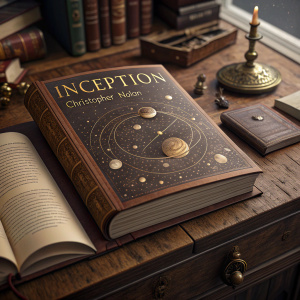 Leather-bound book titled 'Inception' by Christopher Nolan. Laid open on an antique desk, showcasing a mysterious illustration of celestial bodies.