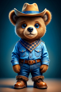 create a photo of a baby teddy bear wearing cowboy boots, blue button down shirt and full body jeans