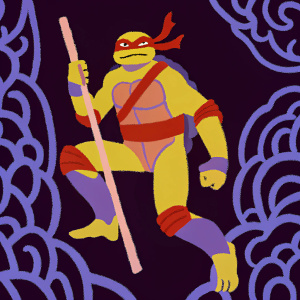 Donatello, a Teenage Mutant Ninja Turtle, mid-jump, strong build, green skin, focused gaze. Holding a bo-staff. Dark, intricate purple background.