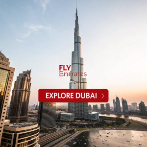 Fly Emirates homepage showcasing Burj Khalifa. Sleek, modern design. Call to action: 'Explore Dubai'. Dominant colors: red, black, white.