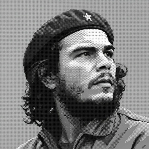 Digital pixel art rendering of Che Guevara. Monochromatic style. Each pixel clearly visible