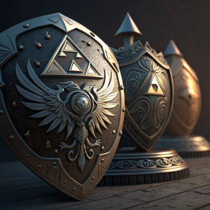 Digital artwork featuring highly detailed, metallic sculptures inspired by the 'Skultula' from the Zelda universe. Dark background emphasizing intricate designs.