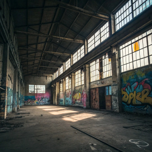 An abandoned warehouse with high ceilings, massive windows, concrete floor, and vibrant graffiti art.