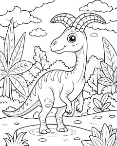 coloring page, Parasaurolophus by the forest landscape, dinosaur that looks cute and adorable, white background, black line art