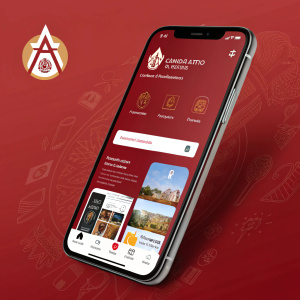 A digital promo for Arautos Do Evangelho app. A modern smartphone with vibrant app interface. Crimson background with social media icons and call to action. Sleek and sophisticated design.
