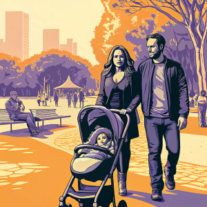 Tamara Ecclestone and Jay Rutland strolling through a bustling city park with their baby in a stroller.