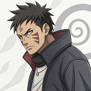 Kawaki from the anime Boruto, with a fierce expression. Dark hair, prominent jawline, and facial markings. Against a white background with a subtle anime logo.
