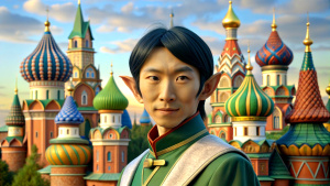 Asian Elf against the backdrop of Russian houses