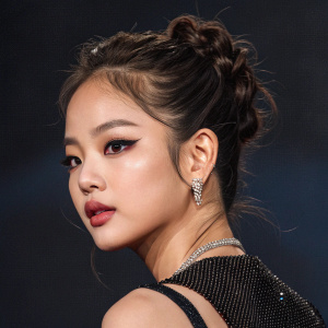 Digital portrait of Jennie from Blackpink. High-definition pixel art style. Dark backdrop. Close-up view of her makeup and hairstyle details.