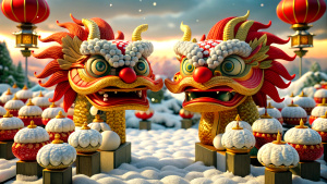 sea, Winter, background for the game, 'Chinese new year', two 'wooden dragon'