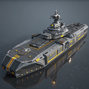 Advanced warship from the virtual universe of Titanfall 2. Shimmering metallic gray with bold black and yellow highlights. Complex design with intricate compartments and structures. Rendered in a sleek digital 3D style.