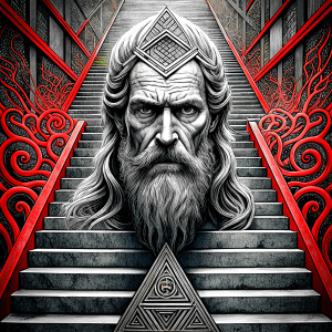 god odin in walhalla stairs runen symbols pattern - perfect realistic art, high-definition, high-definition grey and black, white background 