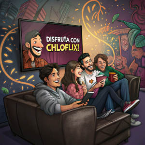Grupos de amigos hispanos reunidos en un sofá de cuero, compartiendo risas y anécdotas. Fondo vibrante con pared de graffiti. Texto en español '¡Disfruta con CHLOFLIX!' en la pantalla del televisor.