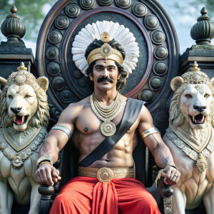 Create image of king samrat asoka seating on the kings chair which having two lions both sides and having ashok chakra behind his head. And king having moustaches, perfect body like marshal artist, he is wearing dhoti. Make him smart and smile on face. He is thinking and one hand is on one lion and another is on his head.