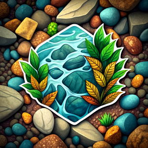 rock sea sticker ilustration with leaves around it that stone and blank solid colour background