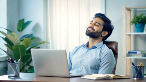 Relaxed young Indian man sitting in office at desk with laptop and documents and resting with closed eyes