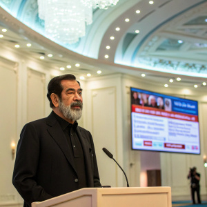 Former Iraqi President Saddam Hussein during a press conference. He is dressed in a black suit and has a full beard. The backdrop is a bright, modern auditorium with a large screen displaying news headlines.