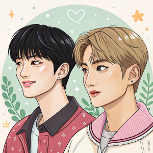 Illustration of ATEEZ members Seonghwa and Wooyoung. Seonghwa with black hair, soft smile. Wooyoung with shorter, lighter hair. Cartoon-like style focusing on their faces. Digital art.