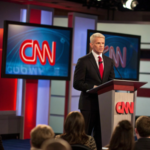 Anderson Cooper, wearing a black suit and red tie, addressing a news conference. Studio audience and large screens displaying CNN logo.