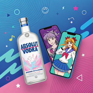 Absolut vodka bottle amidst vibrant digital backdrop. Cell phones with anime characters, wavy lines, and playful colors. Advertorial design.
