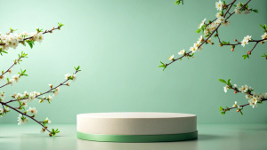 Round podium platform stand for product presentation and spring flowering tree branch with white blossom flowers on pastel background. Front view