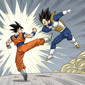 Manga panel from Dragon Ball. Goku and Vegeta, fierce battle in mid-air. Goku mid-kick, Vegeta with his signature move. Background stars blur, energy blasts. Detailed lines, dramatic poses.