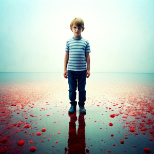 a child with bloody cloth standing in blood