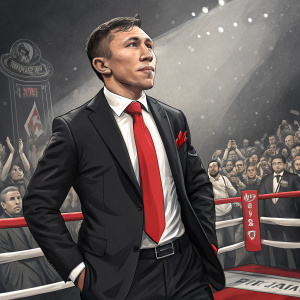 Gennady Golovkin at a boxing promotional event. Formal attire, red tie and black suit. Crowd cheering in background.
