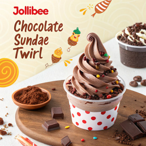 Eye-catching promotional ad for Jollibee's Chocolate Sundae Twirl. Rich chocolate dessert with vibrant colors and playful visuals designed to entice customers.