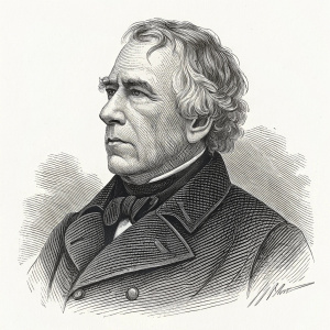 A detailed black and white engraving of Zachary Taylor, the twelfth President of the United States, in a flat, line-art style with fine lines and subtle shading. His face and upper body are the sole focus of this monochromatic illustration.