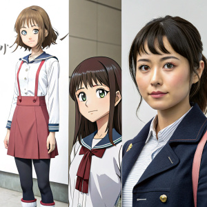Detailed character designs for a Japanese anime series. Full body figures and close-up head studies of female characters. Each character has unique features and poses.