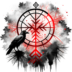 vegvisir runes geometric symbol - raven and trees - tattoo design - perfect realistic art - high-definition - grey and black - white background 