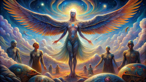 Human-bird hybrids with wings that span the breadth of the heavens, their movements guided by the celestial currents of fate, their voices a chorus of stars singing the song of creation.