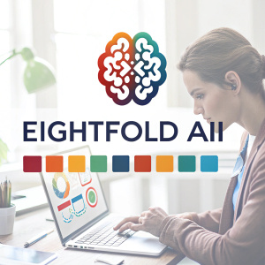 Eightfold AI's visual identity guide. Logo in various hues, professional design, clean modern aesthetic, diverse backgrounds, brand consistency.