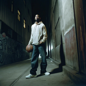 John Wall, basketball player, standing in a dimly lit alleyway. Wearing casual clothes, hoodie, jeans, sneakers. Graffiti-covered walls, empty