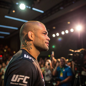 Thiago Alves, MMA fighter, at the post-fight press conference. Shaved head, UFC logo shirt, visible tattoos. Crowded room, bright lights
