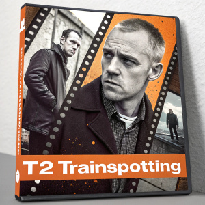 DVD cover design for T2 Trainspotting featuring a montage of film scenes and characters. The collage blends grayscale images with splashes of bold colors, predominantly orange. Title 'T2 Trainspotting' prominently displayed at the bottom.