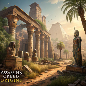 High-definition 3D models of Assassin's Creed Origins. Ancient Egyptian ruins, crumbling columns, faded statues, and decaying structures. Earthy tones of brown, beige, and green. Game logo prominently displayed.