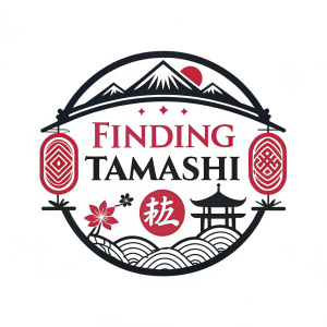 Logo design for 'Finding Tamashi'. Bold Chinese characters, traditional style. Black and red colors on white background. Flat graphic design, focusing on brand name and Chinese cultural elements.