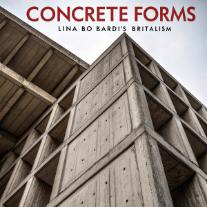 Cover of 'Concrete Forms: Lina Bo Bardi's Brutalism'. A close-up, detailed shot of a rugged concrete structure. The texture and patterns are highlighted, giving a stark contrast against a muted background. Bold, modern font reads 'Brutalism in Architecture' across the top.